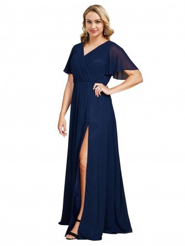 Shop Chiffon V-Neck Short Sleeves Long Formal Bridesmaid Dress / Prom Dress with High Slit London