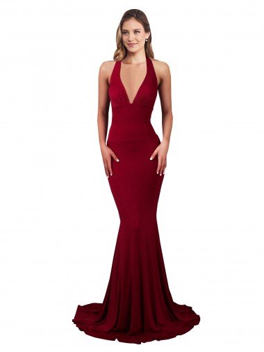 Shop Halter Mermaid Plunge V-Neckline Open Back Bow Tie Formal Spandex Bridesmaid Dress / Prom Dress London