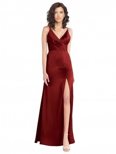 Shop Faux Surplice Neckline Long Slim A-Line Formal Stretch Satin Bridesmaid Dress / Prom Dress London
